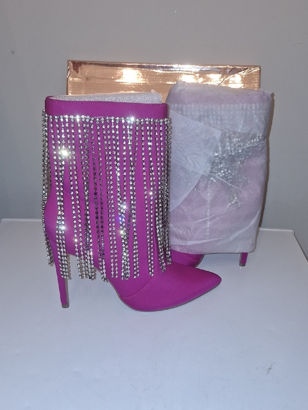 Fuchsia Rhinestone Fringe Ankle Boots